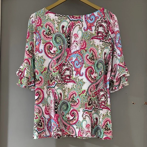 Pappagallo Paisley Blouse Pink Multicolor Ruffle Sleeve Top - Picture 6 of 6